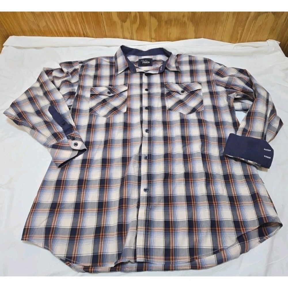 Veno Shirt Mens Button Up Plaid Pockets Long Sleeve Size 3XL Western Blue